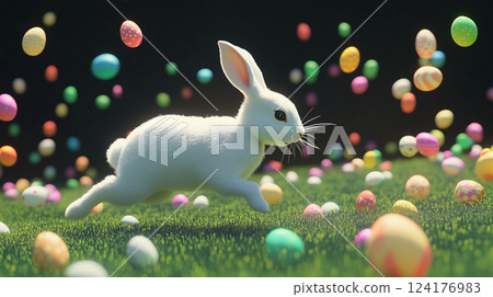 白兔和彩色復活節彩蛋在草地上蹦蹦跳跳 124176983