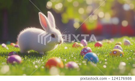 白兔和彩色復活節彩蛋在草地上蹦蹦跳跳 白兔和彩色復活節彩蛋在草地上蹦蹦跳跳 124176986