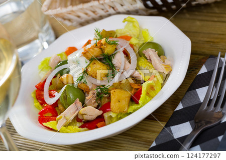 Salad with chicken, eggplants, greens 124177297