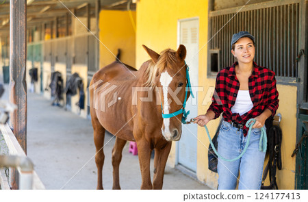 Young woman leads horse out of stable 124177413