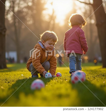 Children happily hunting for Easter eggs in a sunlit park Children happily hunting for Easter eggs in a sunlit park 124177902