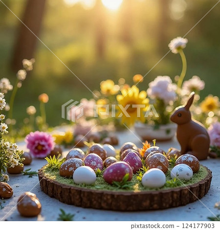 A delicious Easter brunch table with decorated eggs, chocolate bunnies, and fresh flowers A delicious Easter brunch table with decorated eggs, chocolate bunnies, and fresh flowers 124177903