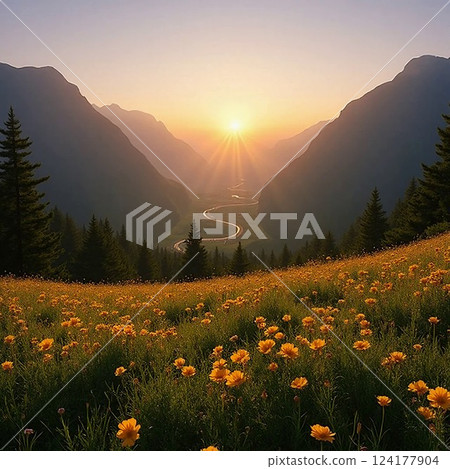 A breathtaking view of a mountain valley covered in spring flowers, golden sunrise in the background 124177904