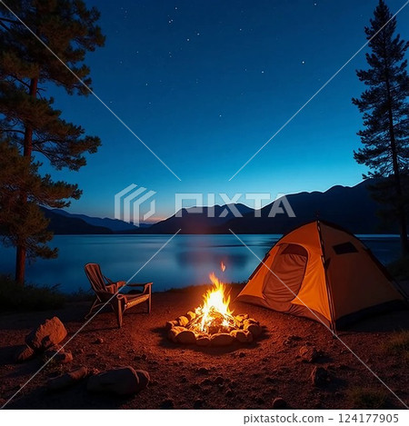 A cozy campsite under the stars, glowing campfire with a view of a peaceful lake 124177905