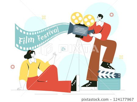 Film Festival Vector Illustration Featuring Cinematography and the Process of Shooting Movies and Films in a Studio with Camera and Filmstrip 124177967