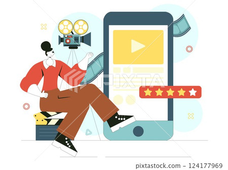 Film Festival Vector Illustration Featuring Cinematography and the Process of Shooting Movies and Films in a Studio with Camera and Filmstrip 124177969