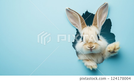 一隻可愛的兔子從藍色的牆後面探出頭來 124178004
