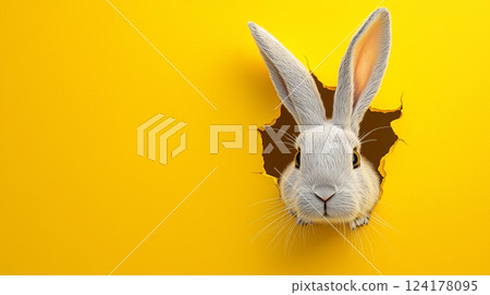 A cute rabbit peeking out from behind a yellow wall 124178095