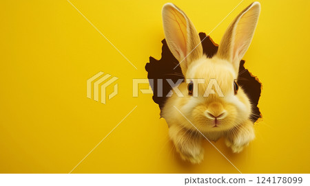 A cute rabbit peeking out from behind a yellow wall A cute rabbit peeking out from behind a yellow wall 124178099