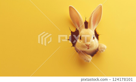 A cute rabbit peeking out from behind a yellow wall A cute rabbit peeking out from behind a yellow wall 124178101