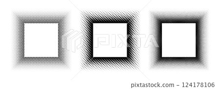 Black halftone square frame set. Dotted gradient border collection. Pop art comic dot picture holder design for banner template, emblem, poster, box, copy space. Vector rasterized framing element pack 124178106