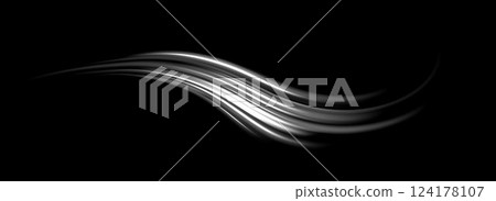 Grey wind lines element. Light gray curve speed effect. Air stream flow wavy motion trace. Wind blow wave concept. Swoosh and swirl stripe path design illustration. Vector gris swoosh background 124178107