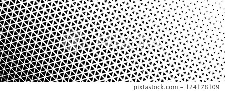 Triangle halftone gradient background. Geometric triangular tech pattern texture. Black abstract fading gradation wallpaper. Vector vanishing mosaic pop art backdrop for booklet, flyer, poster, banner 124178109