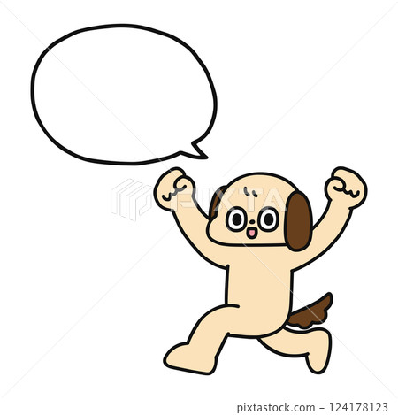 A funny dog running with his arms raised and a speech bubble A funny dog running with his arms raised and a speech bubble 124178123