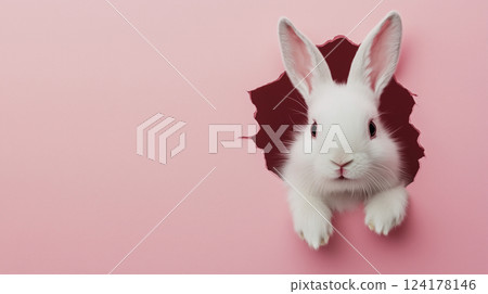 A cute rabbit peeking out from behind a pink wall 124178146