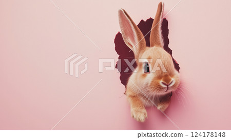 A cute rabbit peeking out from behind a pink wall 124178148