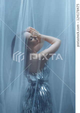 Dreamy Portrait of a Woman in a Silver Dress Behind Sheer Fabric 124178475