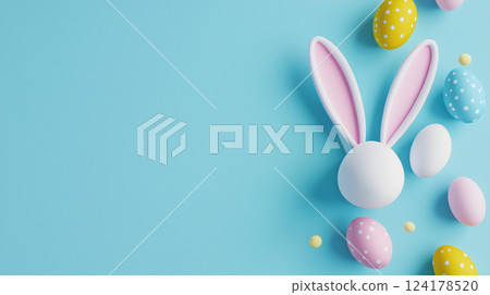 A design featuring Easter bunny ears and colorful eggs scattered across a blue background A design featuring Easter bunny ears and colorful eggs scattered across a blue background 124178520