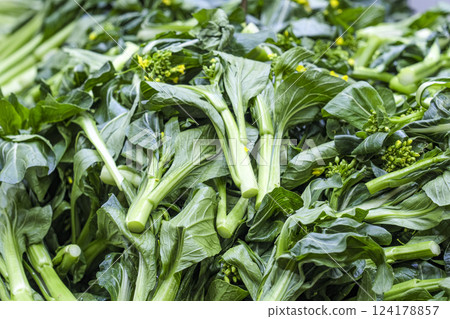 Choy sum on display at a greengrocer in Hong Kong 124178857