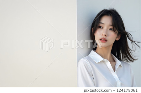 Young woman standing in front of a white wall 124179061