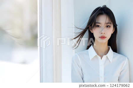Young woman standing in front of a white wall 124179062