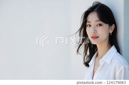 Young woman standing in front of a white wall 124179063