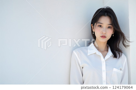 Young woman standing in front of a white wall 124179064