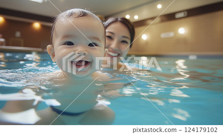 Smiling baby and mother watching over him tenderly in the pool 124179102