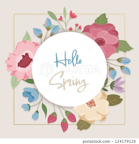 Floral vector frame with spring flowers and beige background 124179128