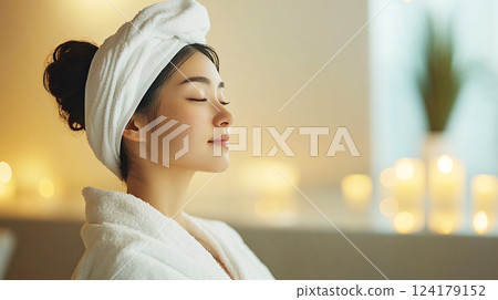 一位女士在水療中心放鬆身心的側影 124179152