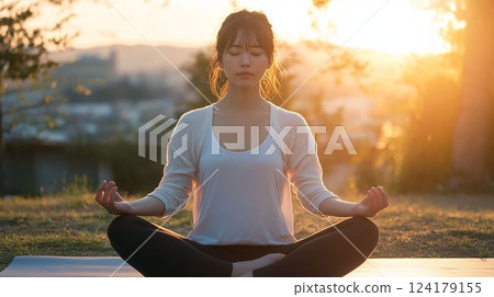 一名婦女在清晨的陽光下進行瑜珈冥想 一名婦女在清晨的陽光下進行瑜珈冥想 124179155