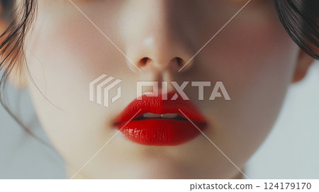 女人的嘴唇塗著紅色的口紅 124179170