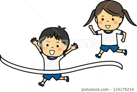 A boy and girl child who finishes the goal of the game A boy and girl child who finishes the goal of the game 124179254