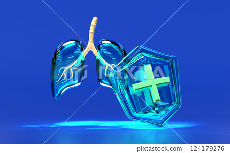 3d human lung transparent with shield isolated on blue background. world pneumonia day, check lung health, organs concept, 3d illustration render 3d human lung transparent with shield isolated on blue background. world pneumonia day, check lung health, organs concept, 3d illustration render 124179276