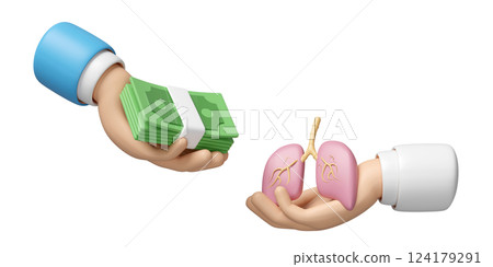 3d hands holding lung with hands holding banknote stack isolated. check lung health, health check cost concept, 3d illustration render, 3d illustration render 124179291