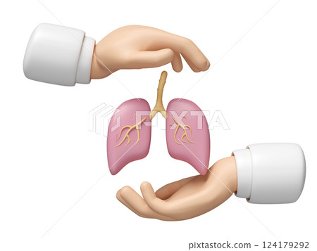 3d doctor hands protecting lung isolated. world pneumonia day, check lung health, organs concept, 3d illustration render 124179292