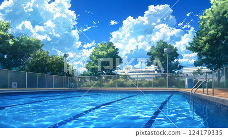 A refreshing view of the outdoor pool under the blue sky and shining sunshine 124179335