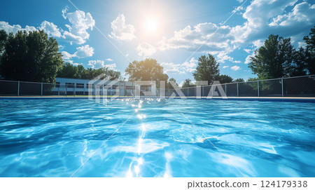 A refreshing view of the outdoor pool under the blue sky and shining sunshine 124179338