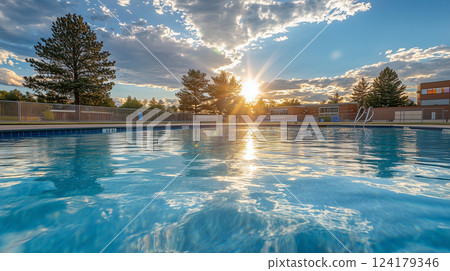 A refreshing view of the outdoor pool under the blue sky and shining sunshine A refreshing view of the outdoor pool under the blue sky and shining sunshine 124179346