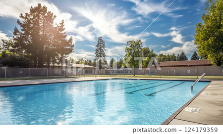 A refreshing view of the outdoor pool under the blue sky and shining sunshine 124179359