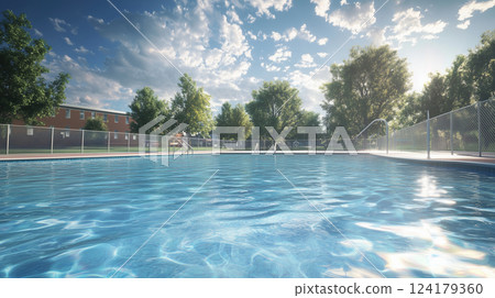 A refreshing view of the outdoor pool under the blue sky and shining sunshine 124179360