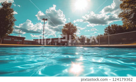 A refreshing view of the outdoor pool under the blue sky and shining sunshine 124179362