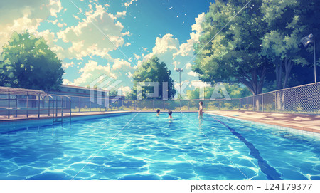 A refreshing view of the outdoor pool under the blue sky and shining sunshine 124179377