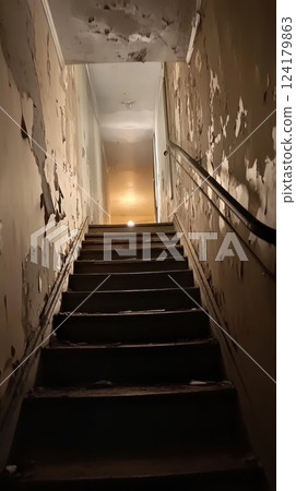 Dark and eerie abandoned stairwells with peeling paint, evoking mystery, decay, and urban exploration 124179863