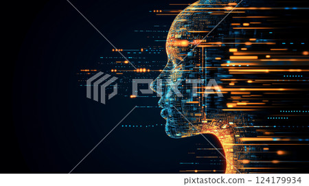 Futuristic face of artificial intelligence made up of digital data 124179934