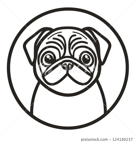 cute logo featuring stylized pug dog with distinct facial features and round outline. This design captures playful and charming essence of breed, making it perfect for pet related branding cute logo featuring stylized pug dog with distinct facial features and round outline. This design captures playful and charming essence of breed, making it perfect for pet related branding 124180237