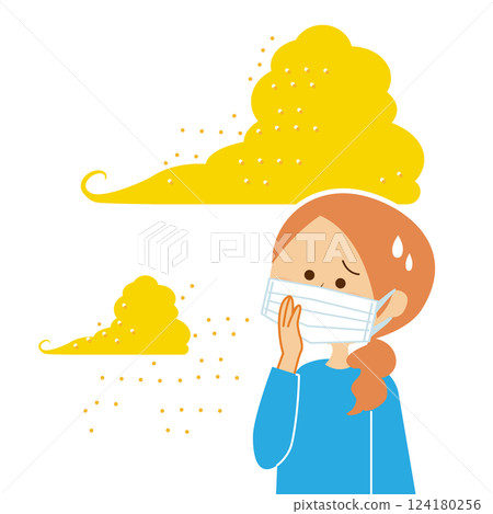 Illustration of a person wearing a mask, yellow sand, PM2.5, pollen, air pollution 124180256
