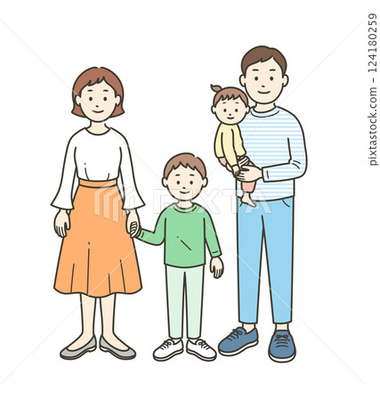 Full-body illustration of a young family of four 124180259
