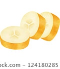 Three pieces of sliced banana with the peel on 124180285