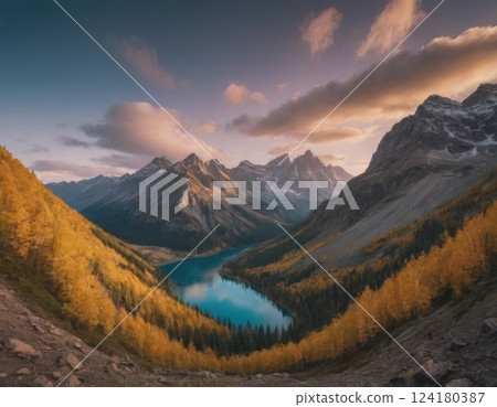 Mountains and river, autumn landscape. Mountains and river, autumn landscape. 124180387